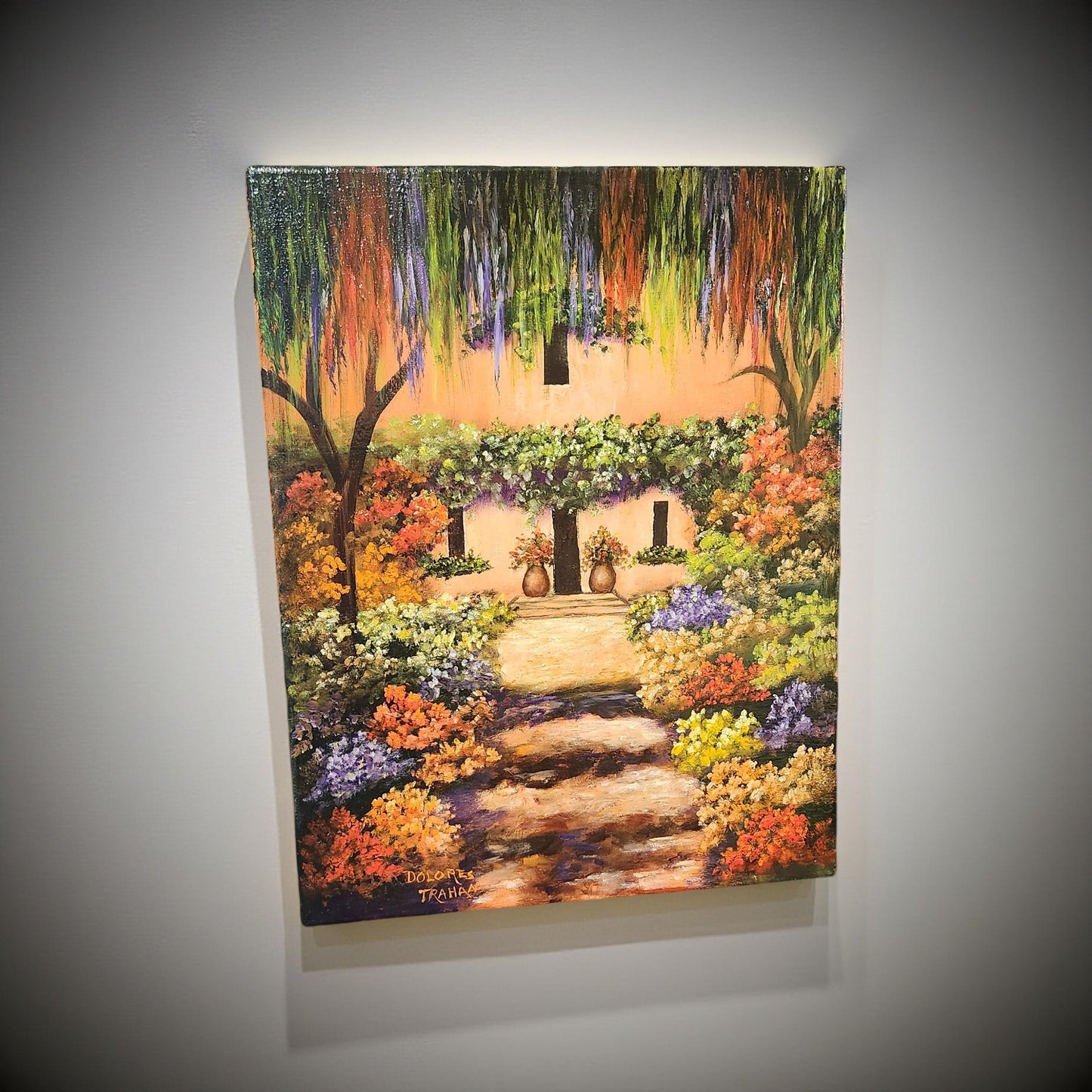 Hand-Painted Floral Cottage by Delores Trahan | Wall Art Decor | Oil Painting