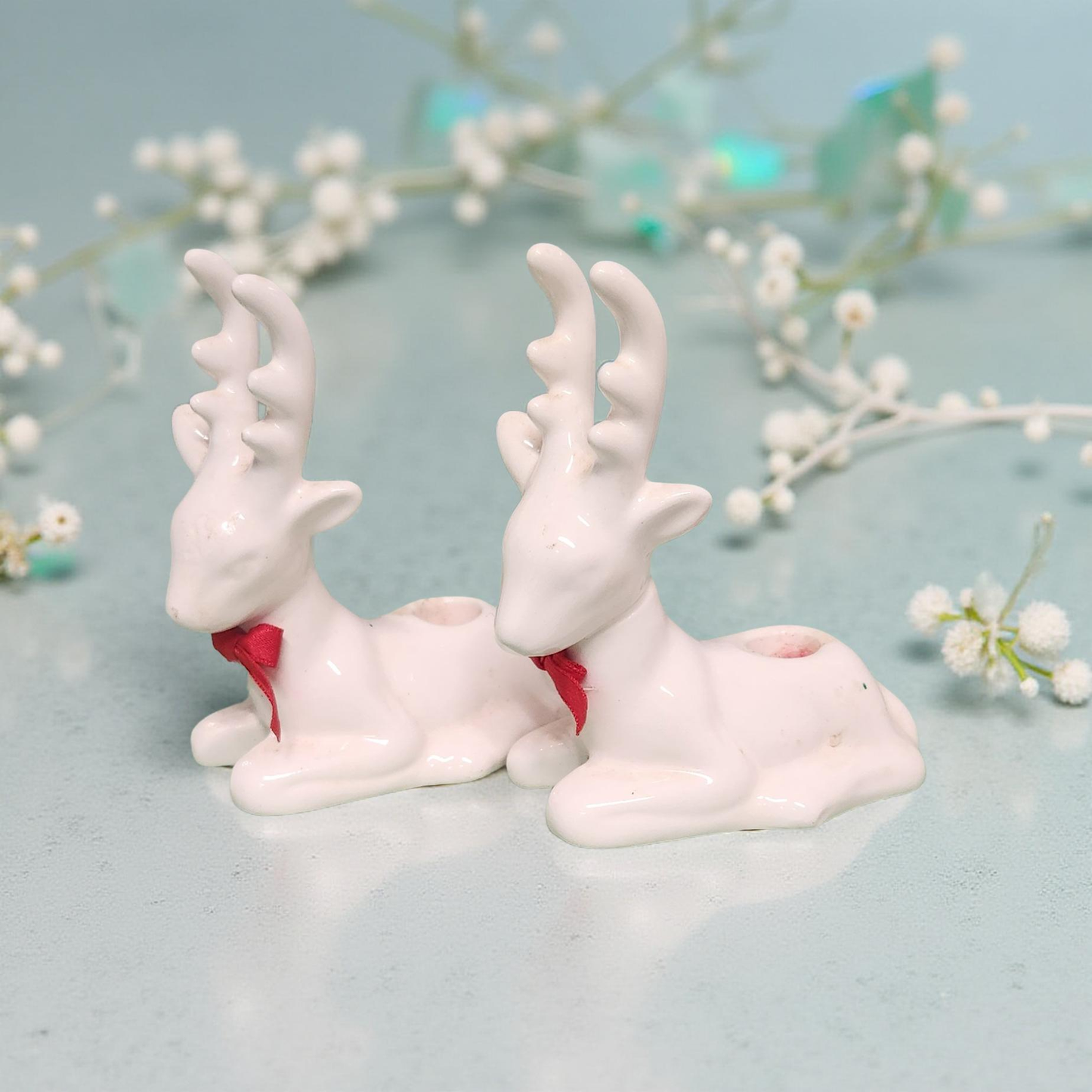 🦌✨ Vintage MCM White Ceramic Deer Taper Candle Holder 🎄🕯️