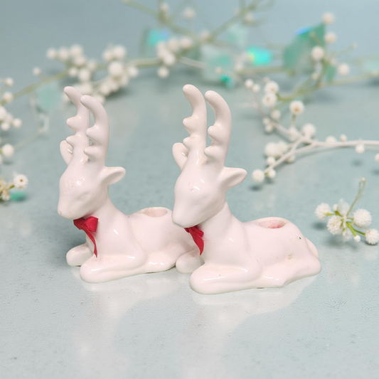 🦌✨ Vintage MCM White Ceramic Deer Taper Candle Holder 🎄🕯️