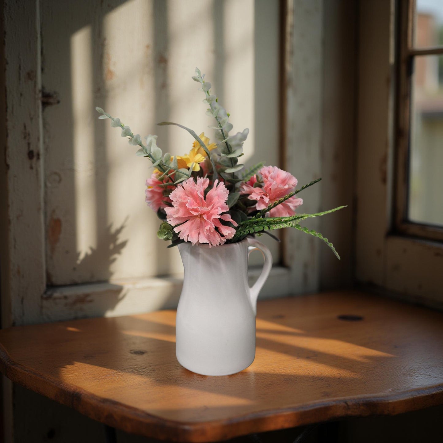 Vintage Style Milk Jug Vase with Colorful Spring Blooms