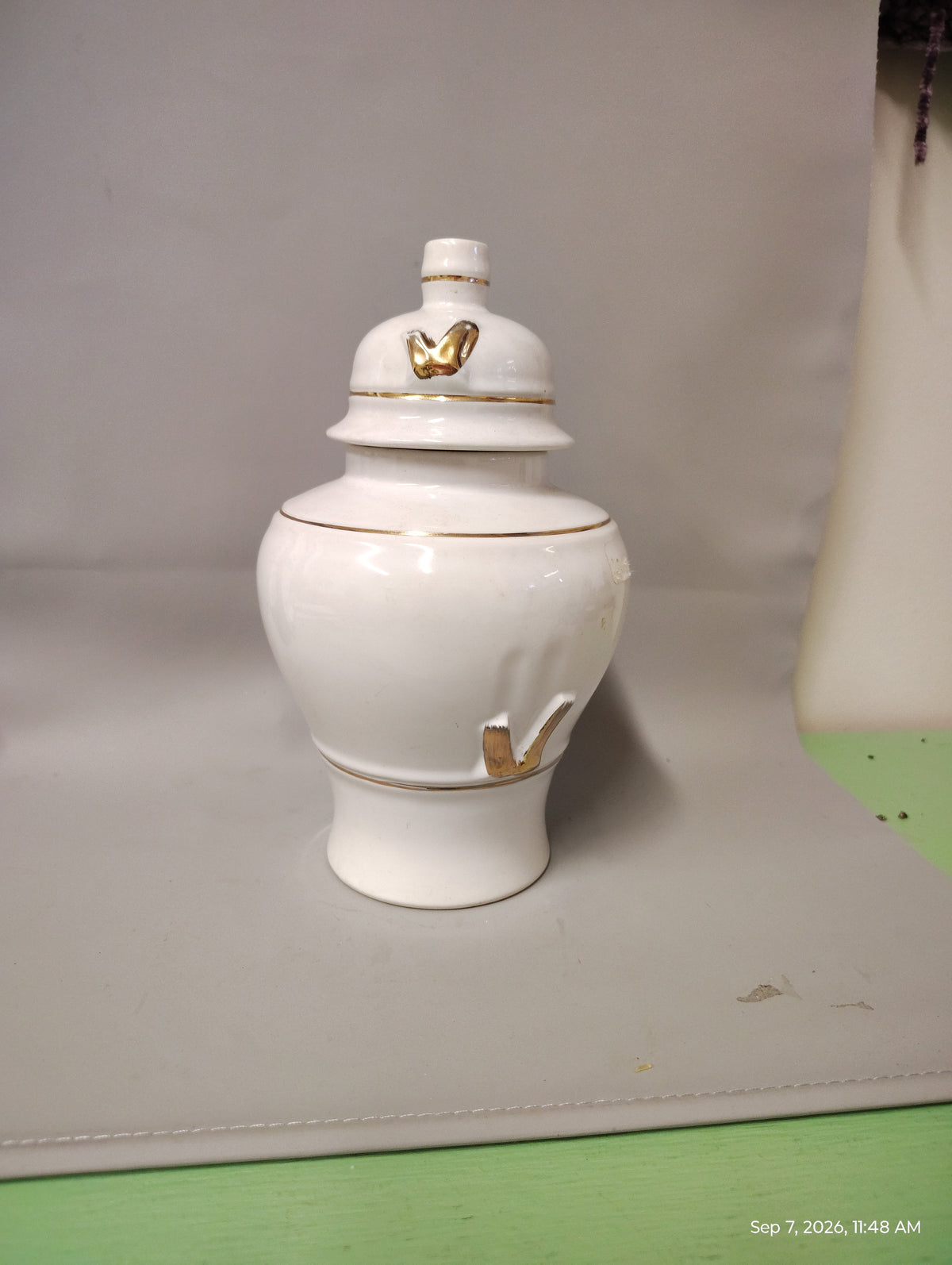 Vintage Made in Japan White & Gold Porcelain Ginger Jar 8” | Butterfly Lidded Vase | Japanese Decorative Urn