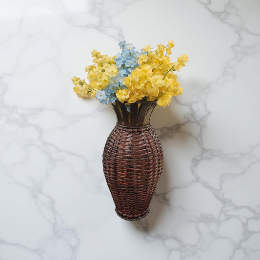 🌾 Wicker Vase with Blue and Yellow Flowers – Rustic Home Accent