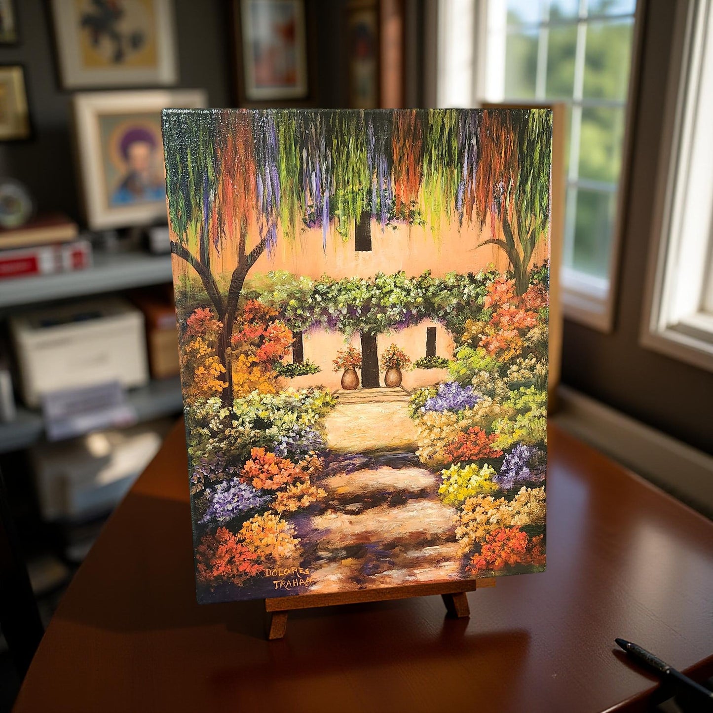 Hand-Painted Floral Cottage by Delores Trahan | Wall Art Decor | Oil Painting
