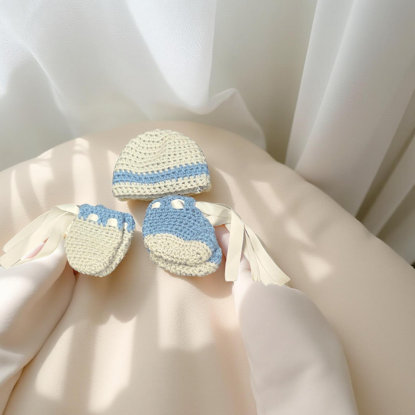 Set of Hand-Crafted Crochet Hat, Mittens, and Booties