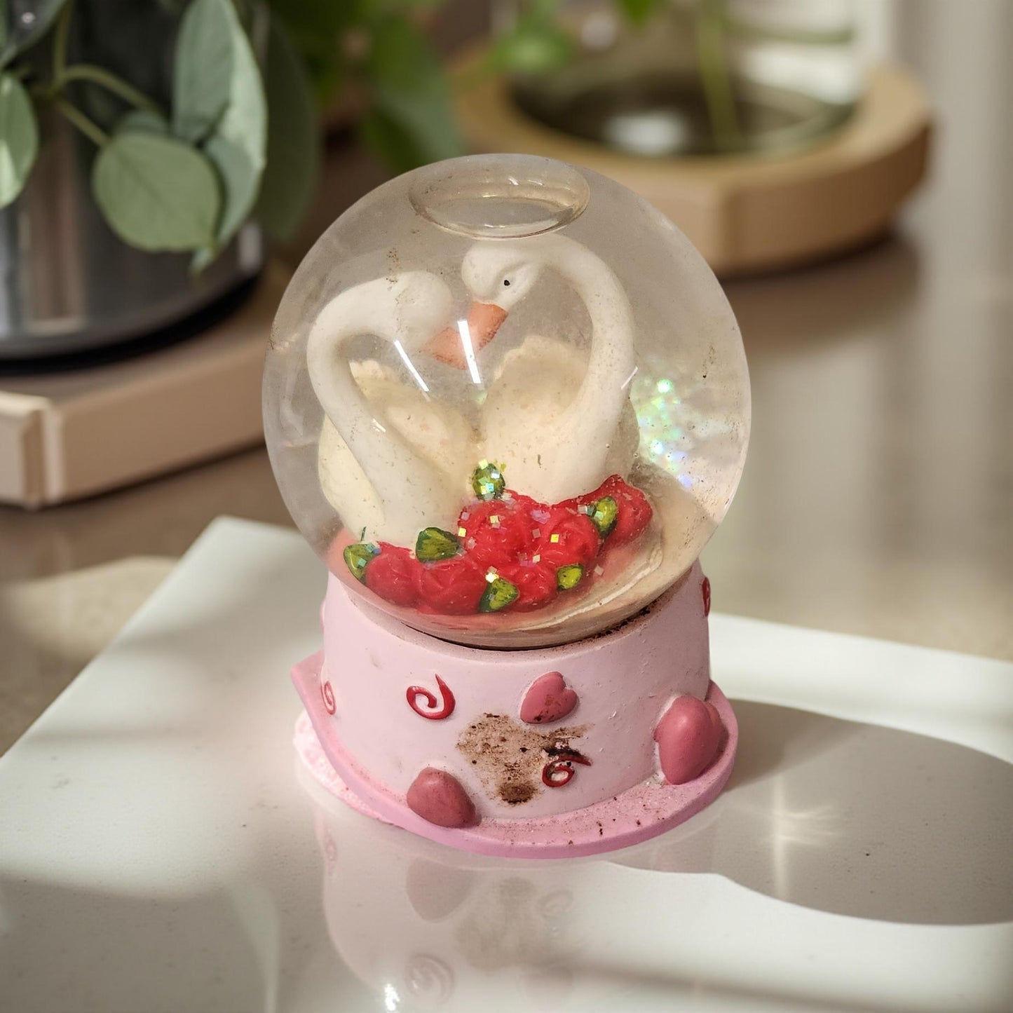 Swan-Themed Snow Globe with Red Roses & Pink Hearts