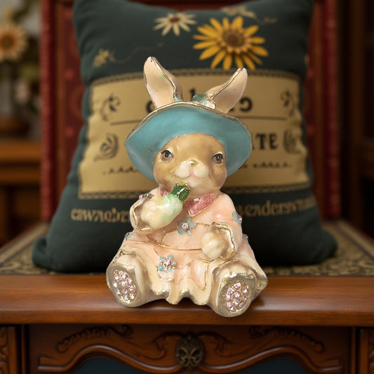 Rabbit Trinket Box with Rhinestone Embellishments & Blue Hat