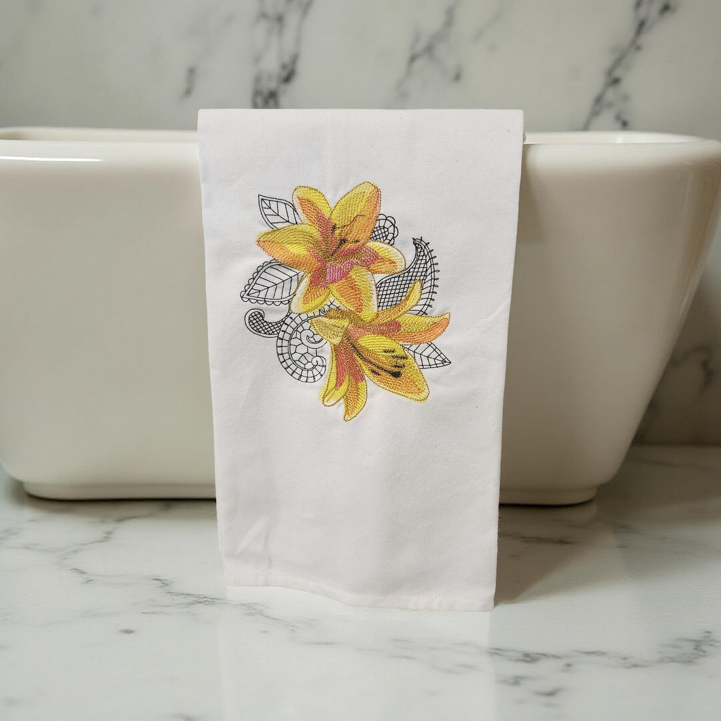 Hand-Crafted Embroidered Day Lily and Floral Theme Hand Towels