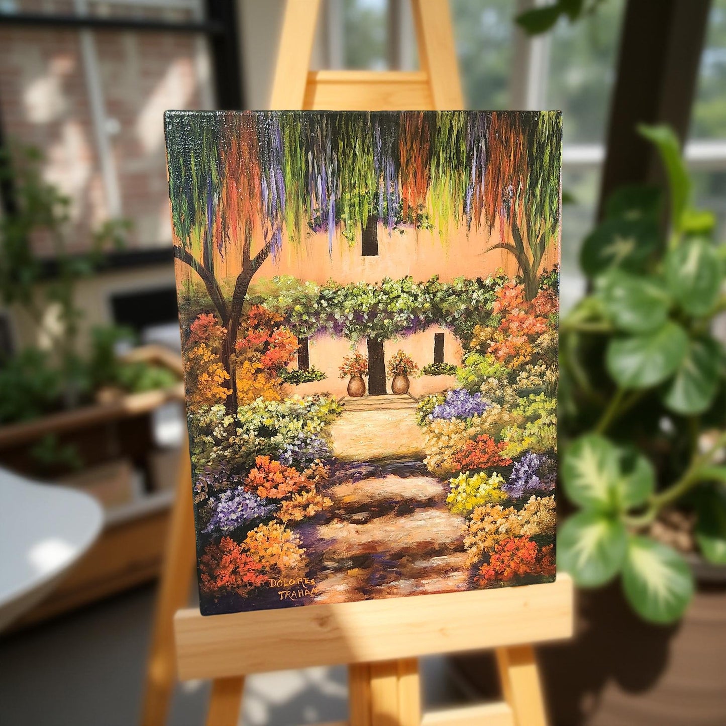 Hand-Painted Floral Cottage by Delores Trahan | Wall Art Decor | Oil Painting
