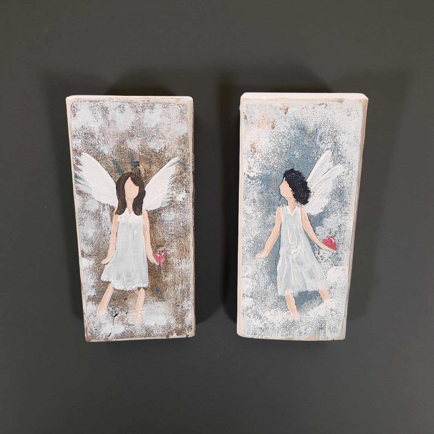 Hand Painted Angels on Wooden Plank - Rustic Home Decor