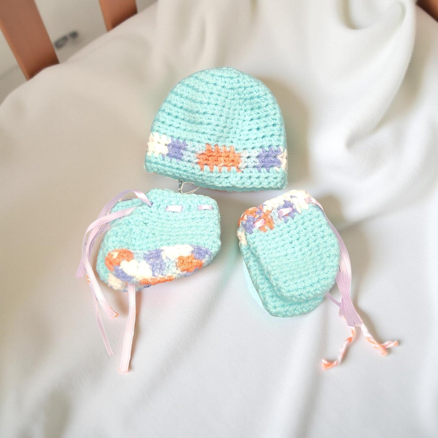 Set of Hand-Crafted Crochet Hat, Mittens, and Booties