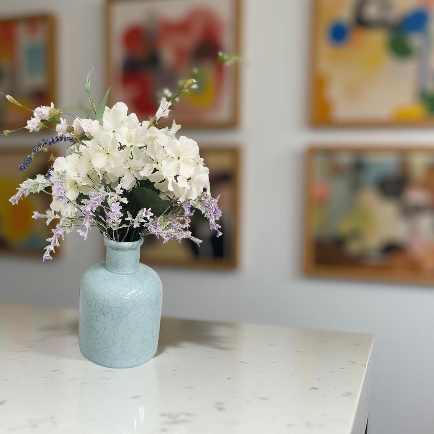 Hydrangea and Lilac Floral Wall Art on Blue Vase