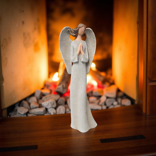 11.5″ Gray Angel Figurine Dusted with Silver Glitter