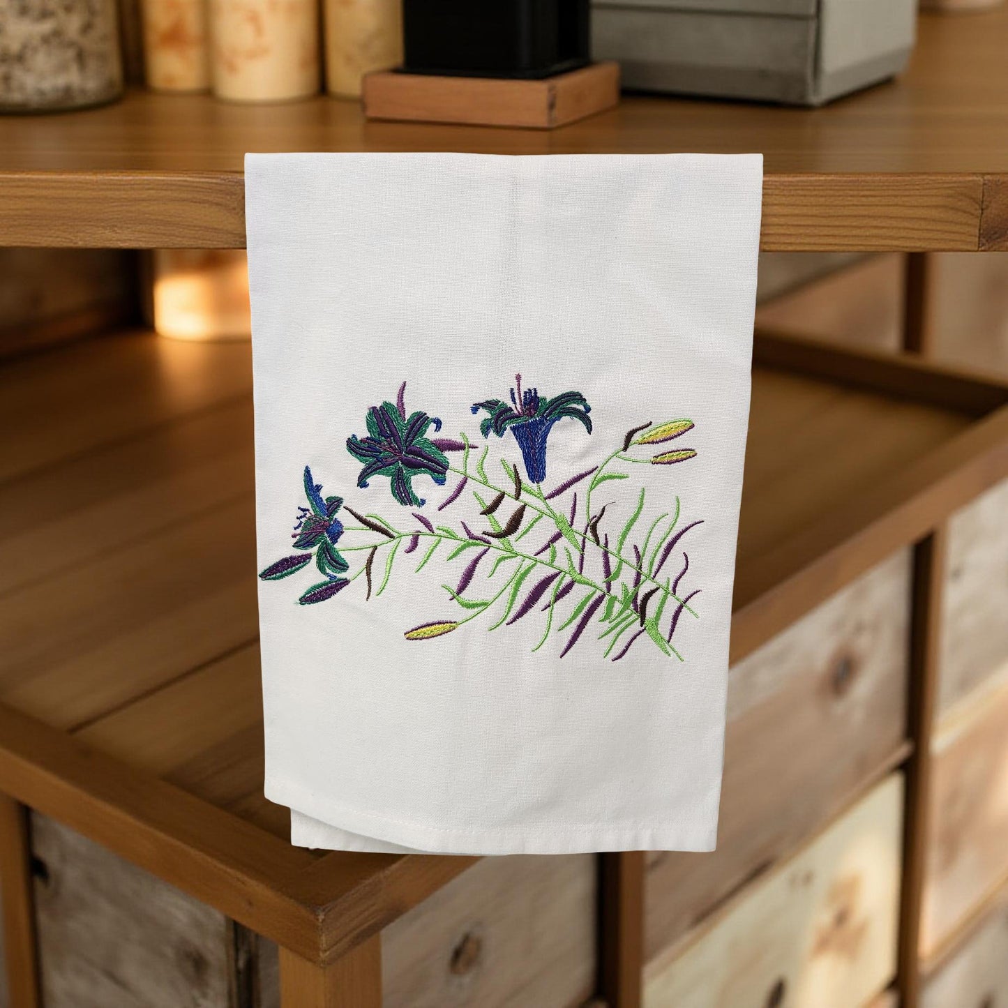 Hand-Crafted Embroidered Day Lily and Floral Theme Hand Towels