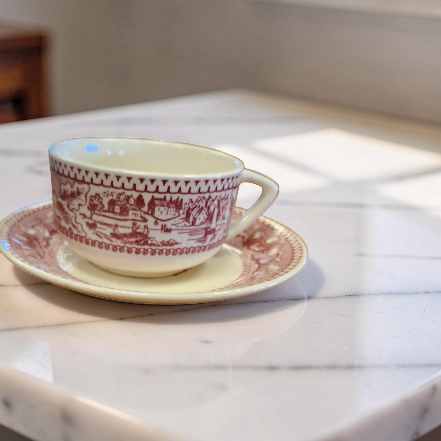 Vintage Royal Ironstone “Memory Lane” Red Teacup and Saucers Set