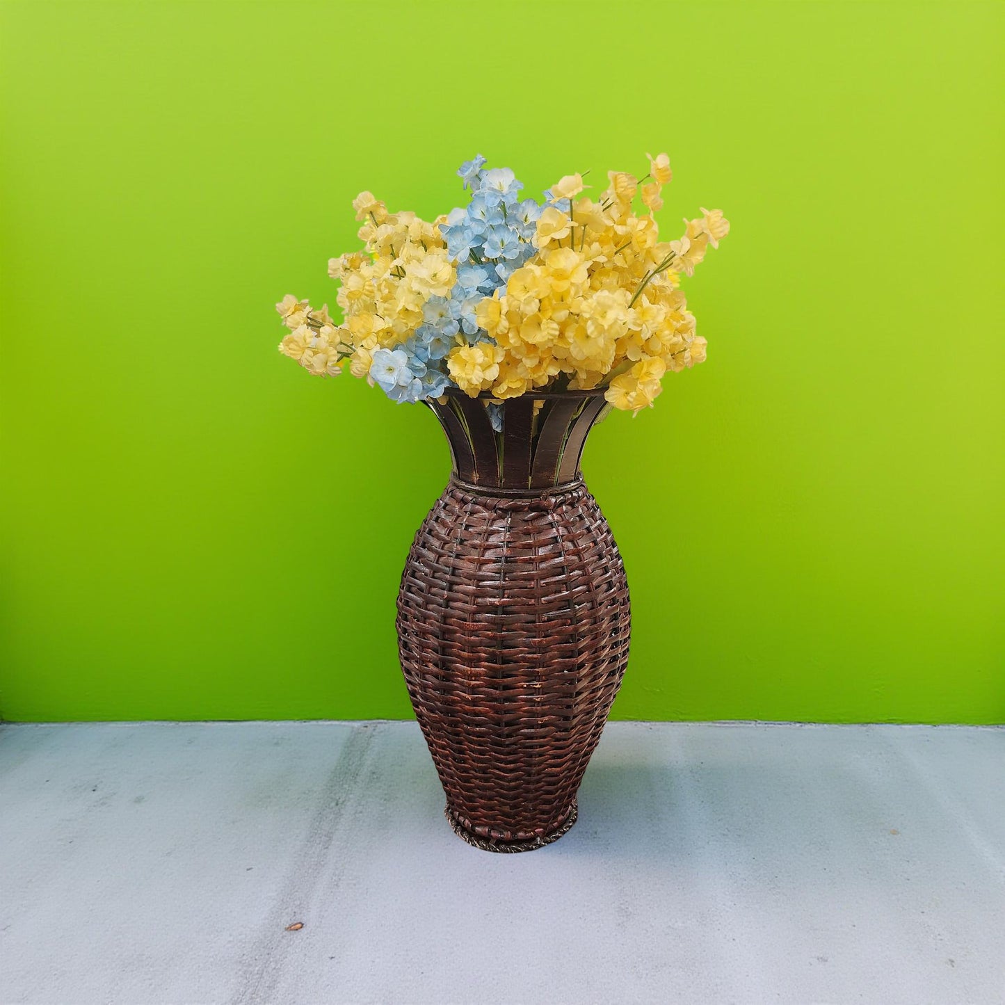 🌾 Wicker Vase with Blue and Yellow Flowers – Rustic Home Accent