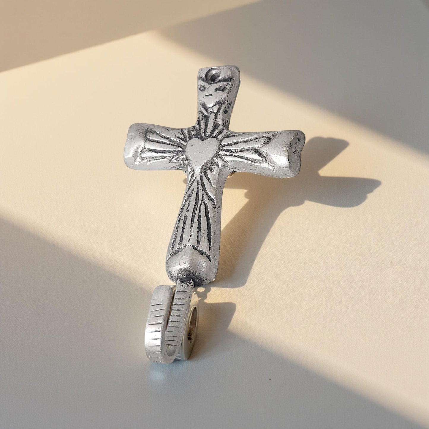 Silver Cross Coat Hook with Engraved Heart