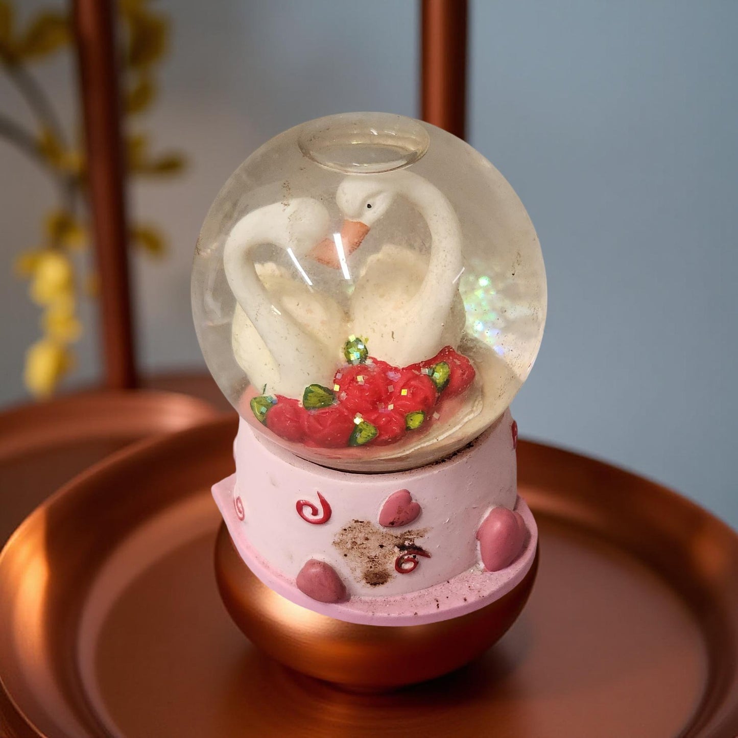 Swan-Themed Snow Globe with Red Roses & Pink Hearts