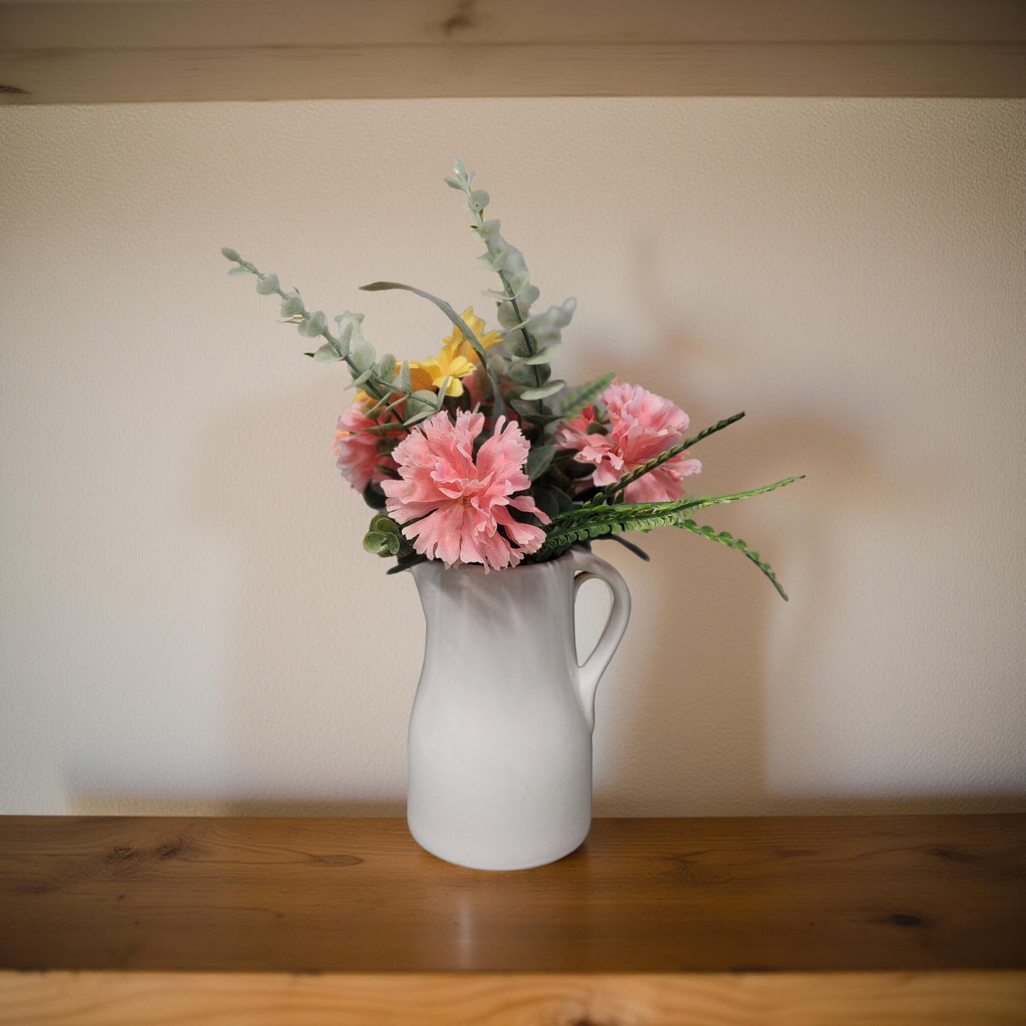 Vintage Style Milk Jug Vase with Colorful Spring Blooms