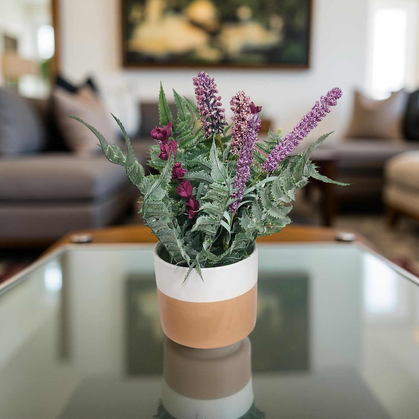 Purple Lilac Floral Arrangement in Brown and White Vase
