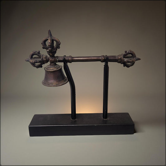 Antique Asian Bronze Tibetan Ceremonial Vajra Bell with Stand (Drilbu & Dorje)