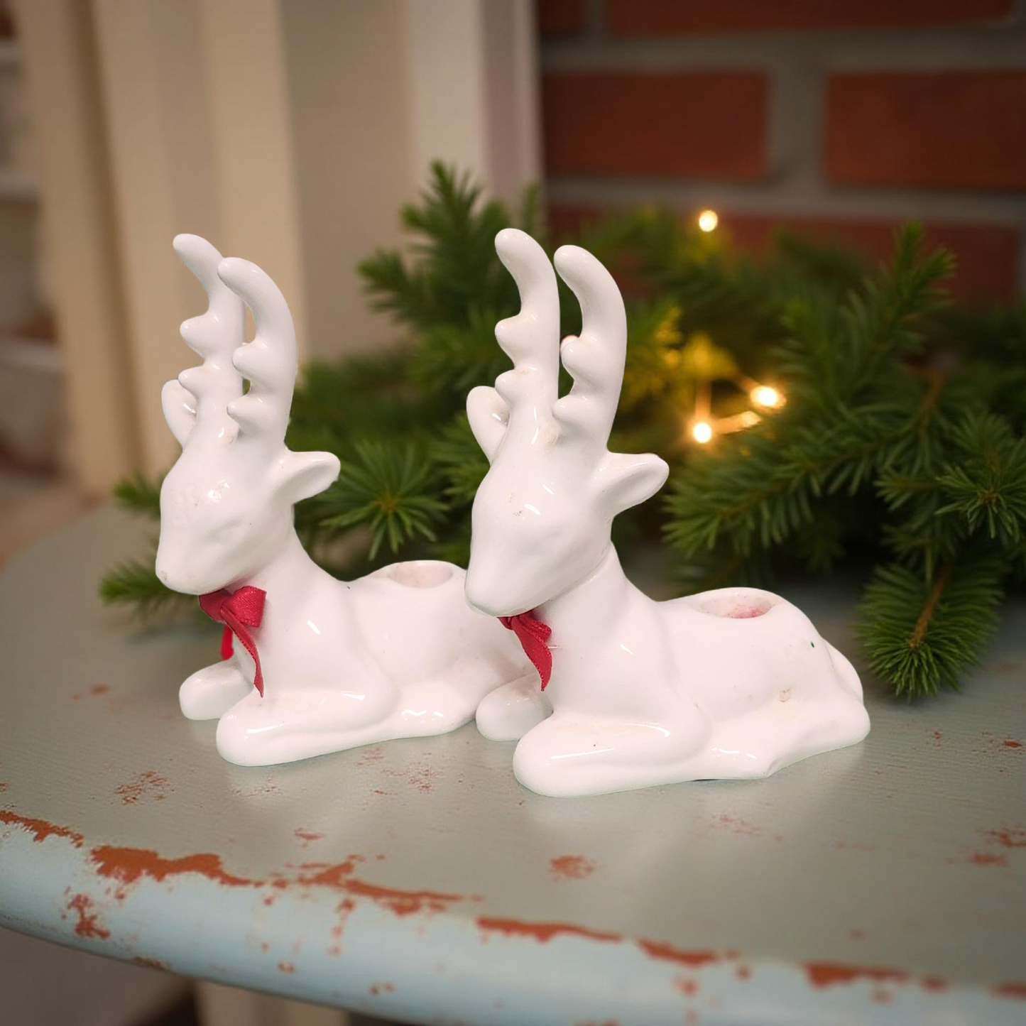 🦌✨ Vintage MCM White Ceramic Deer Taper Candle Holder 🎄🕯️