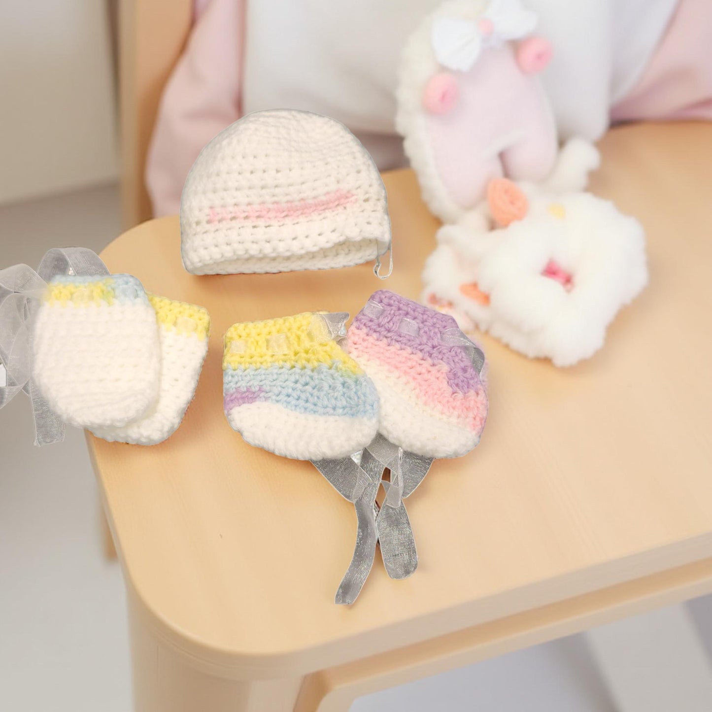 Set of Hand-Crafted Crochet Hat, Mittens, and Booties