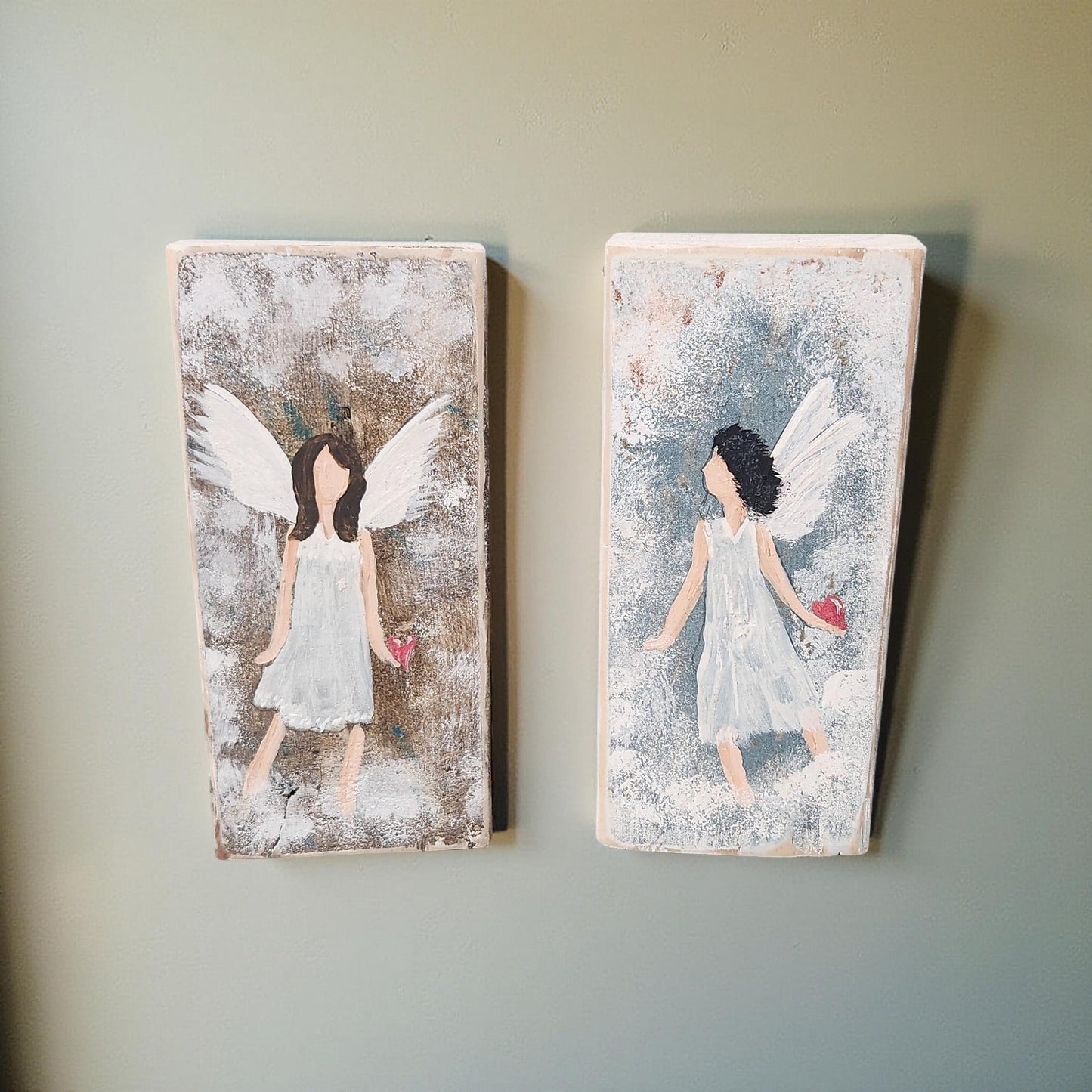 Hand Painted Angels on Wooden Plank - Rustic Home Decor