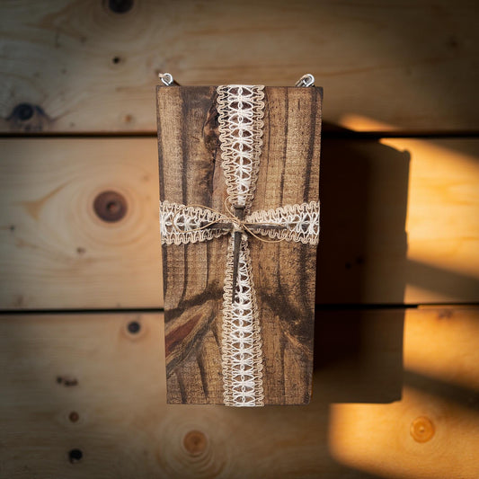 Rustic Hand-Crafted Cross Design on Wood Board Wall Art