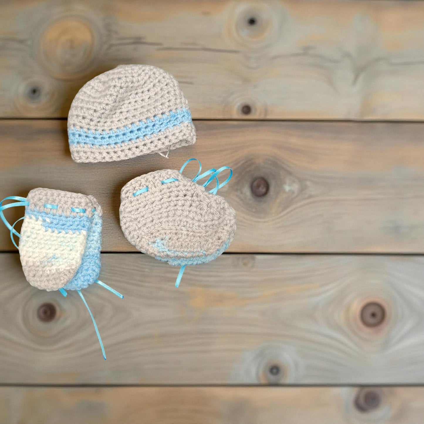 Set of Hand-Crafted Crochet Hat, Mittens, and Booties