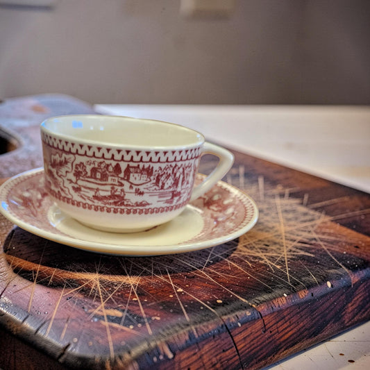 Vintage Royal Ironstone “Memory Lane” Red Teacup and Saucers Set