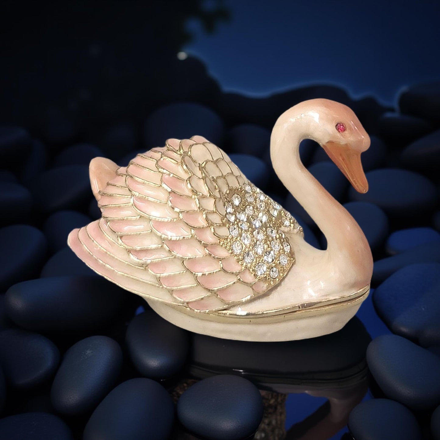 Pink Swan Trinket Box with Rhinestone Embellishments