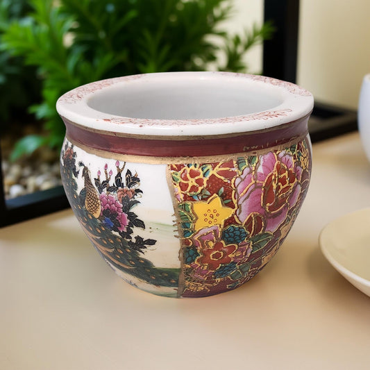 Japanese Fishbowl Peacock & Floral Porcelain Planter