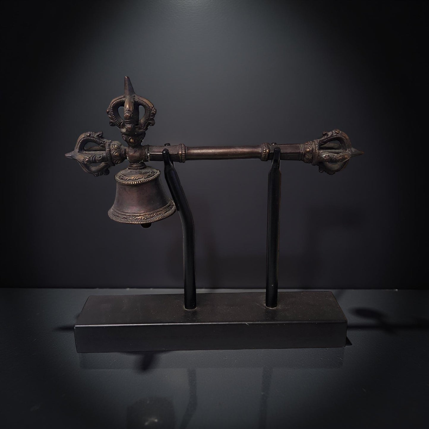 Antique Asian Bronze Tibetan Ceremonial Vajra Bell with Stand (Drilbu & Dorje)