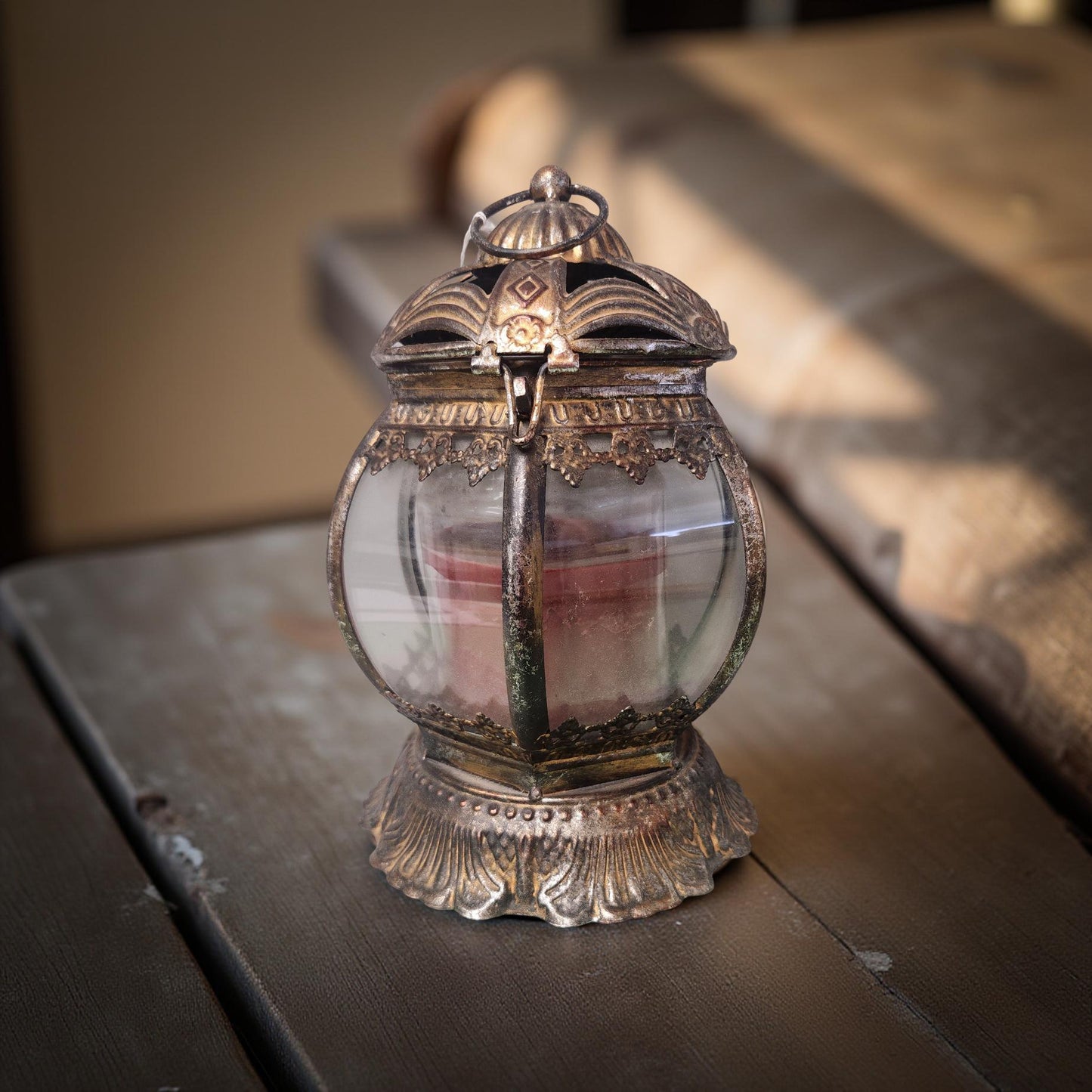 Red Candle Lantern - Distressed Rustic Home Decor Piece