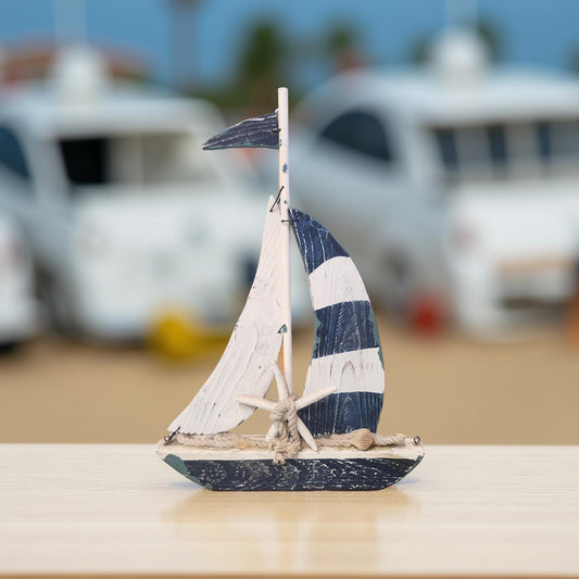 Blue & White Wooden Sailboat