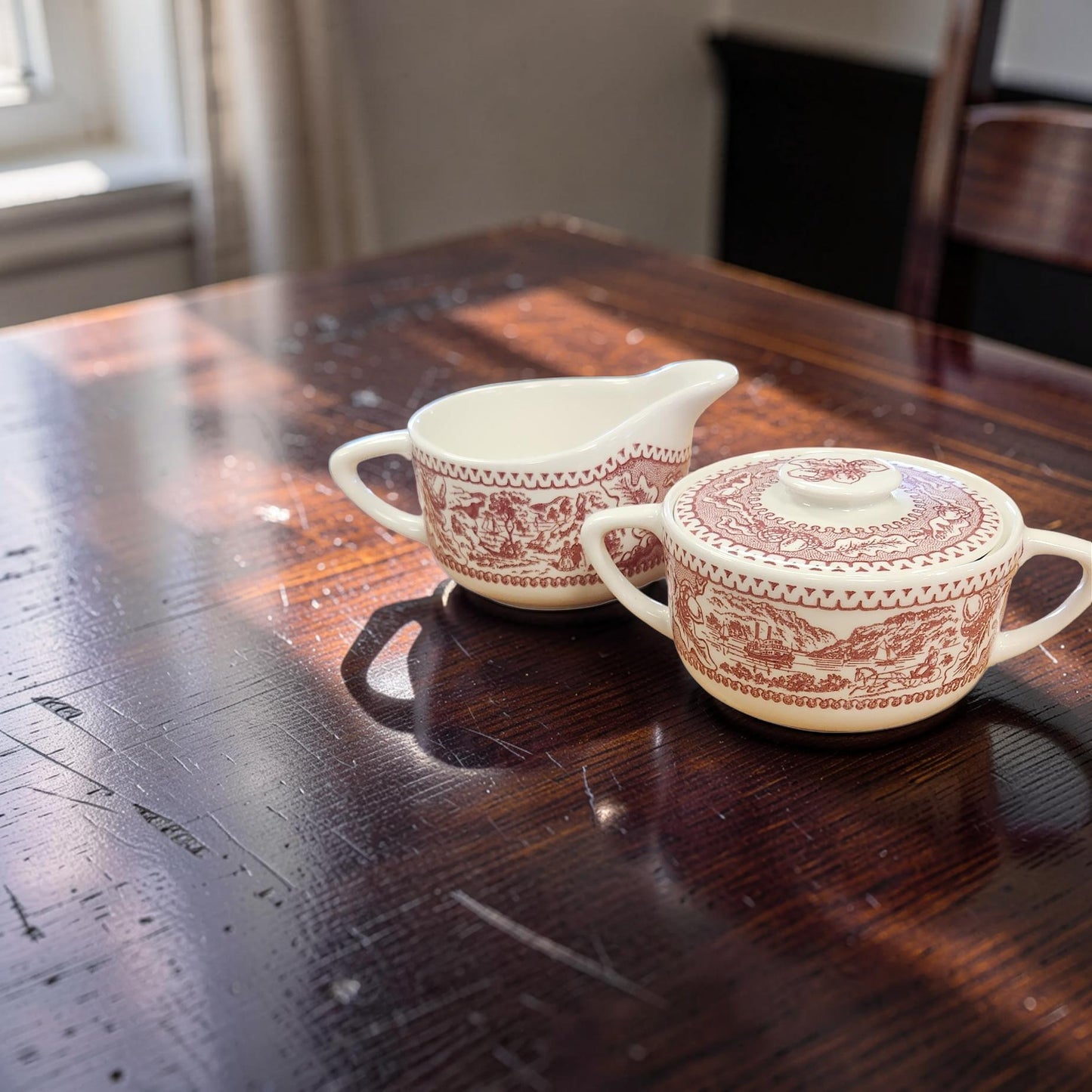 Vintage Royal Ironstone "Memory Lane" Red Sugar & Creamer