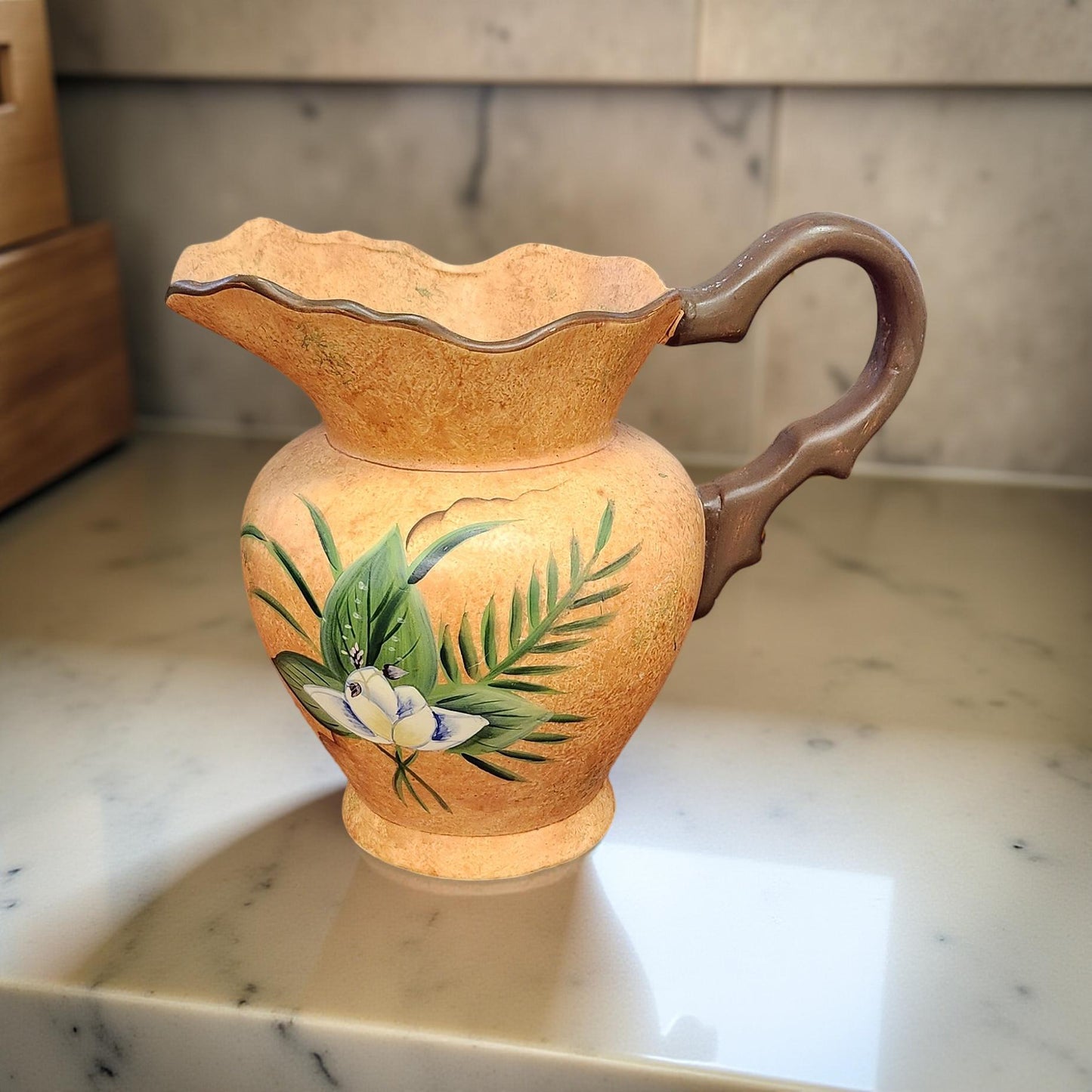 🌺 Tropical Floral Ceramic Pitcher – White Flowers & Ferns