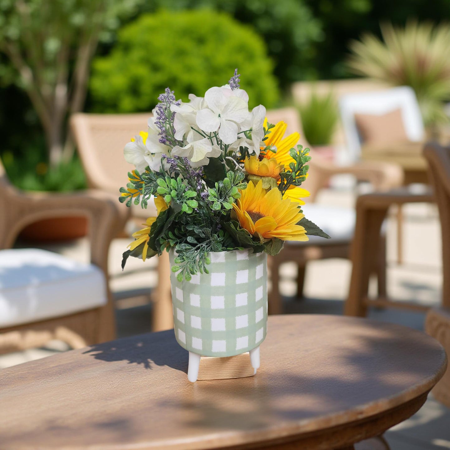 Country Chic Decor: White Hydrangea in Green and White Vase
