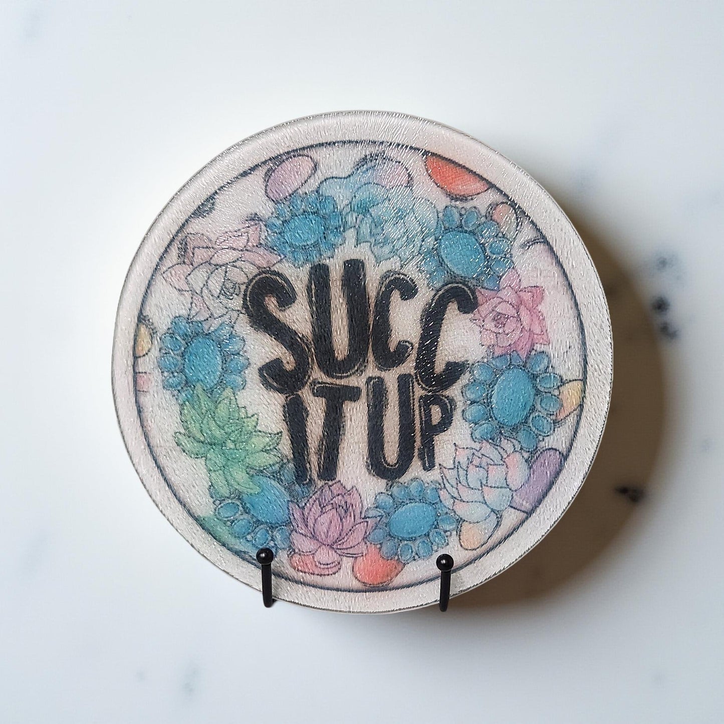 8″ Decorative Glass Round Cutting Board  - Fun Quotes