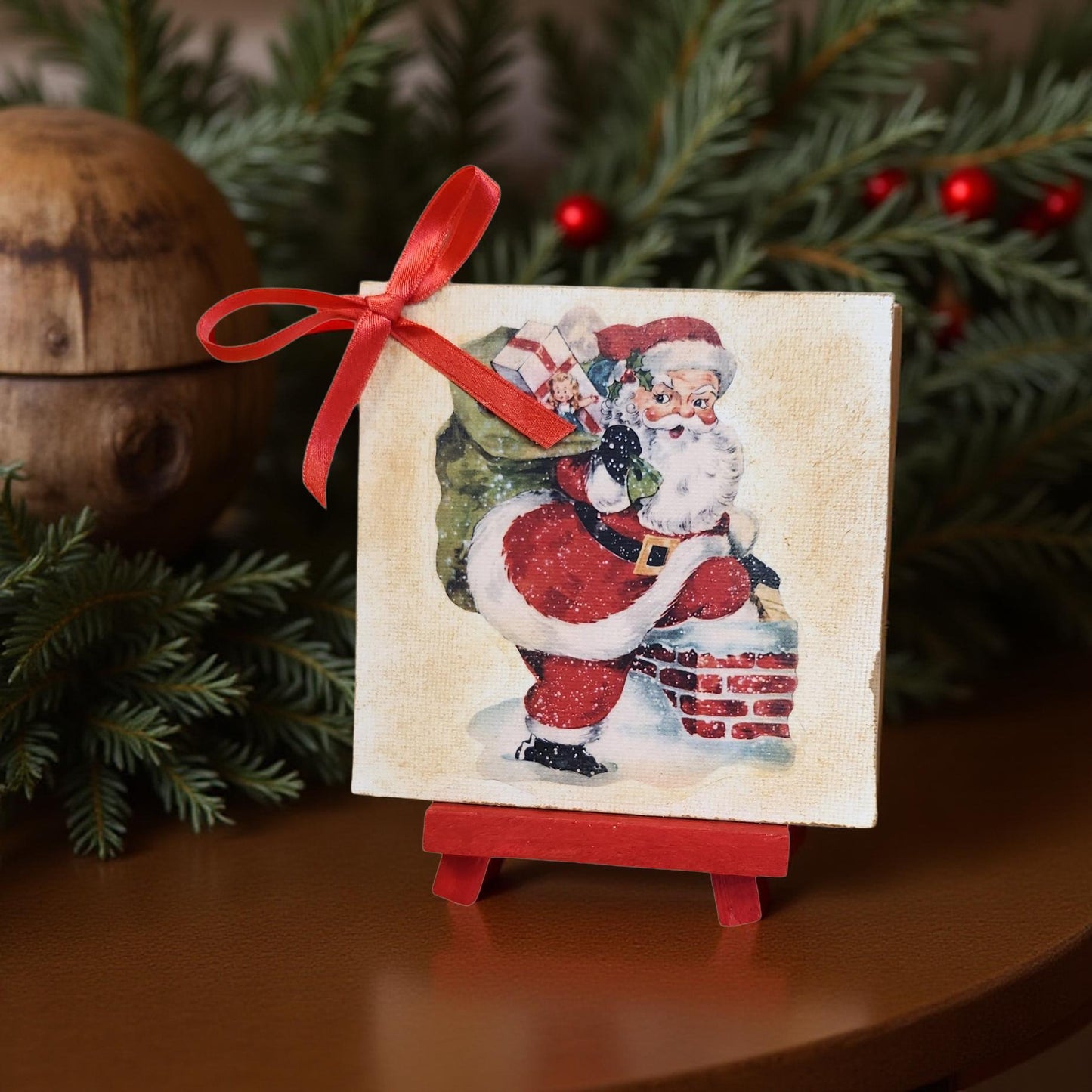 🎄 Christmas Canvas with Easel – Vintage Decoupage Style 🎄  