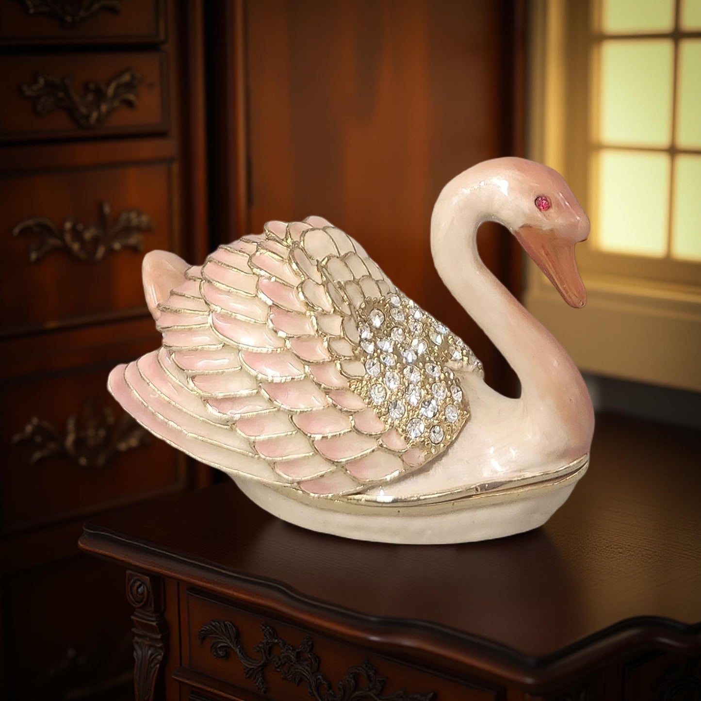 Pink Swan Trinket Box with Rhinestone Embellishments