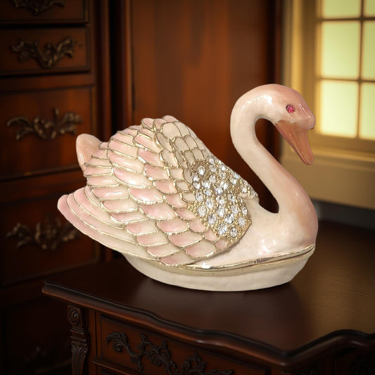 Pink Swan Trinket Box with Rhinestone Embellishments