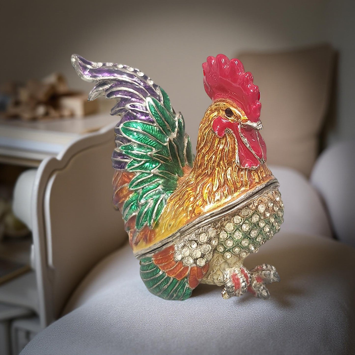 Enamel Rooster Trinket Box with Rhinestone Crystal Embellishments