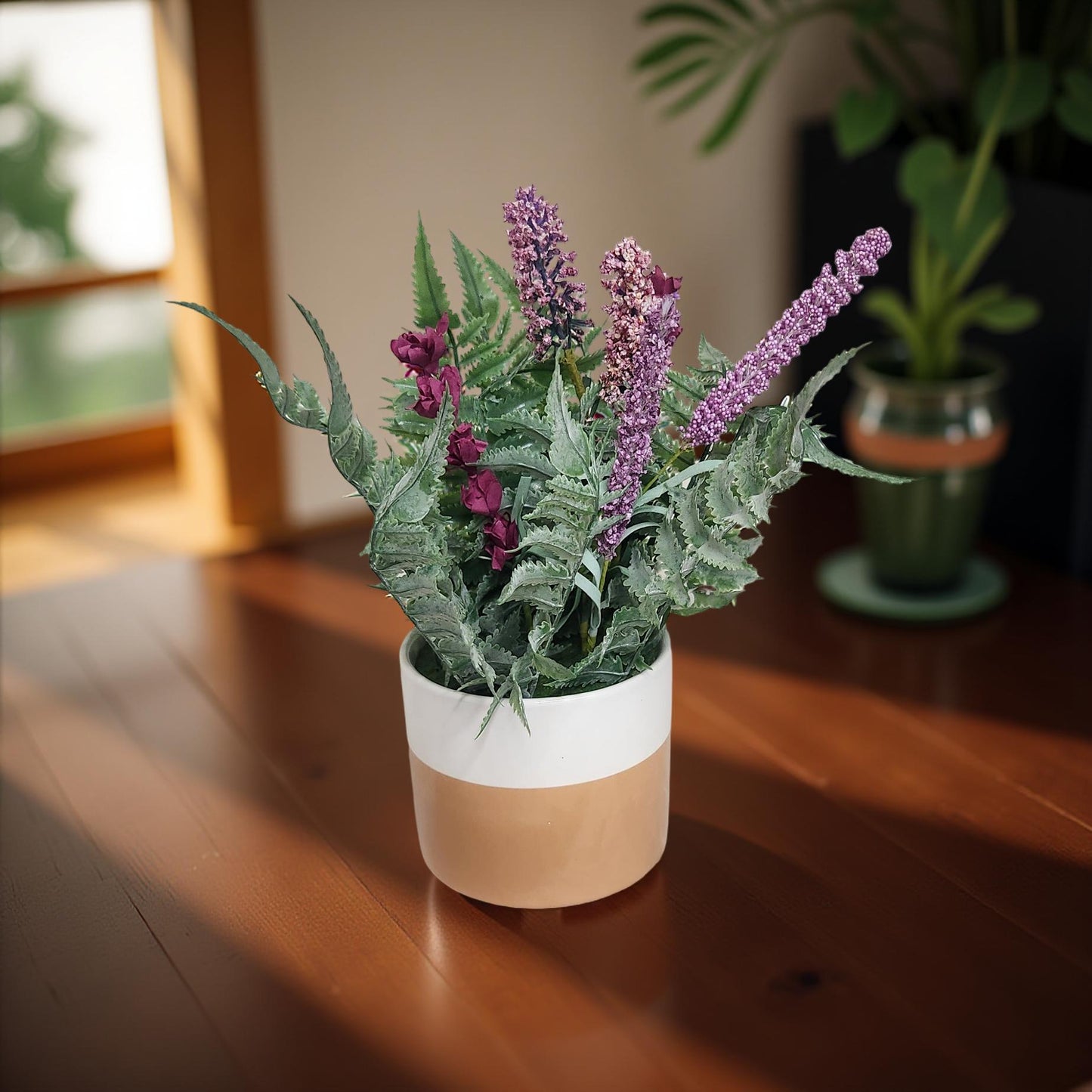 Purple Lilac Floral Arrangement in Brown and White Vase