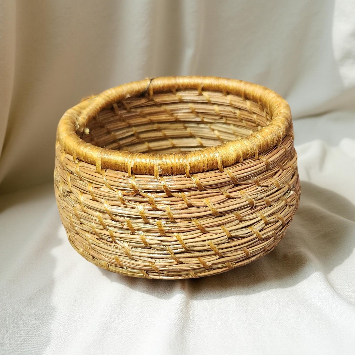 Boho Pine Needle Basket with Cermaic or Shell Base - Small Handcrafted Decor