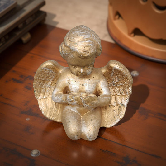 Vintage Gold-Leaf Cherub Figurine with Clam Shell and Pearl