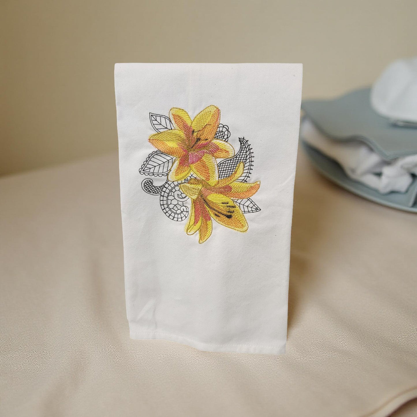 Hand-Crafted Embroidered Day Lily and Floral Theme Hand Towels