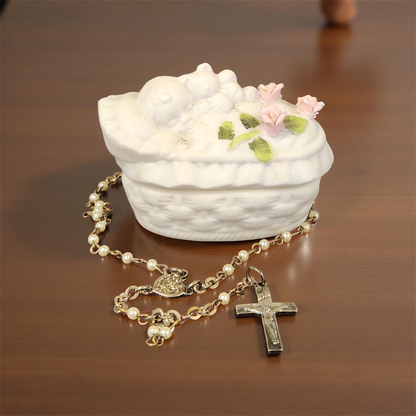 Unique Porcelain Keepsake Box with Baby's First Rosary