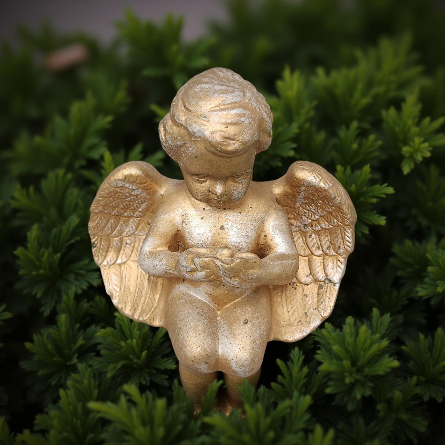Vintage Gold-Leaf Cherub Figurine with Clam Shell and Pearl