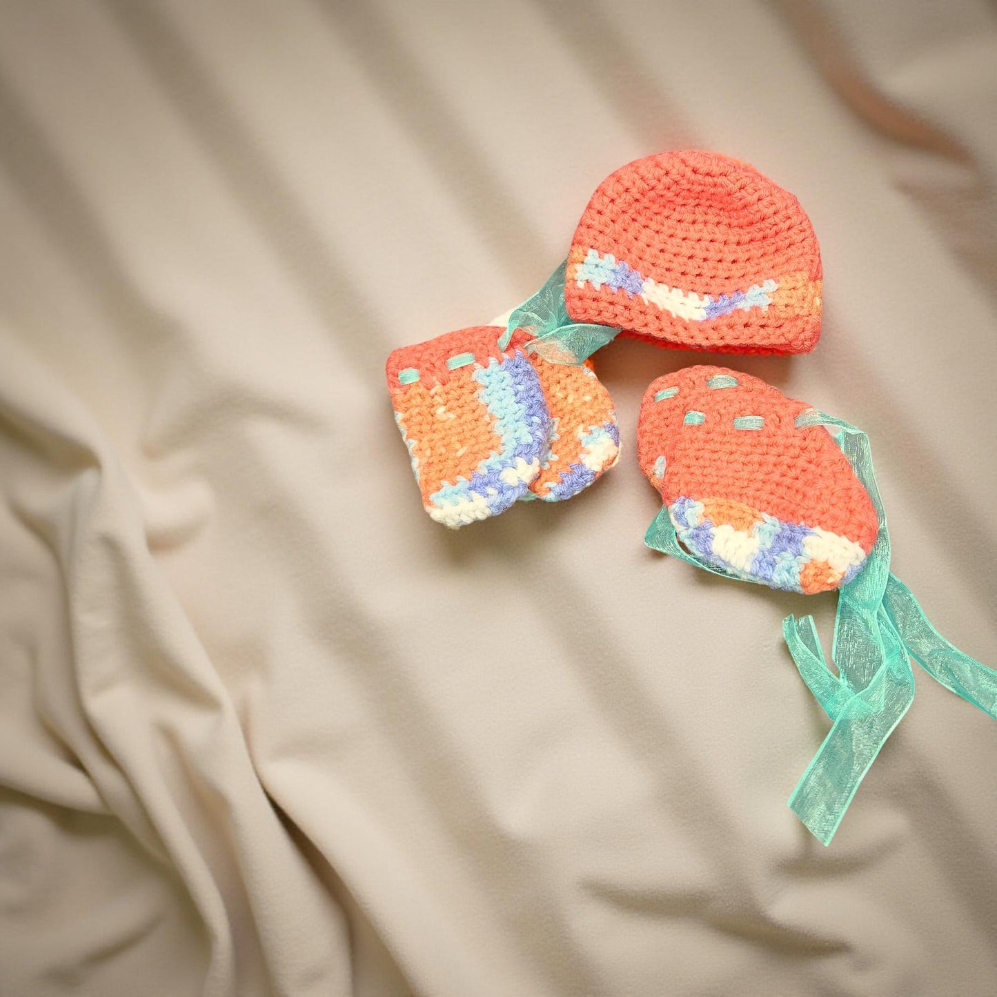 Set of Hand-Crafted Crochet Hat, Mittens, and Booties